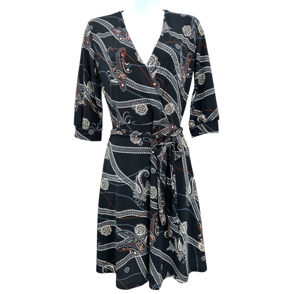 H&M Wrap Dress Dark‎ Belted Navy Blue Paisley Knee Length 3/4 Sleeves Women's XS